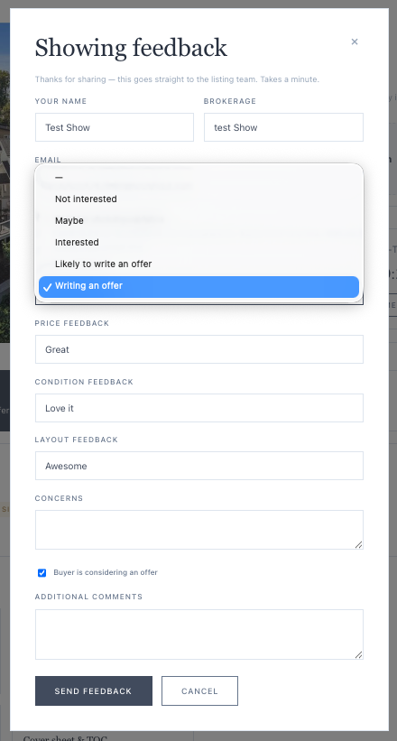 Showing feedback — buyer interest gauge + price/condition/layout fields